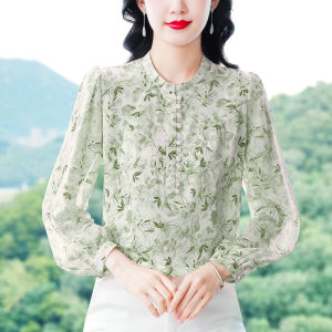 AMMIN 2025 Spring and Autumn new simple stand collar long sleeve commuter chiffon shirt womans Korean version fashion sweet floral print sleeve large size elegant blouse