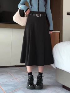 Ammin 2024 xuân hè thắt lưng cạp cao dài đơn giản màu trơn váy cho phụ nữ phong cách Hàn Quốc đi lại thanh lịch A-line váy