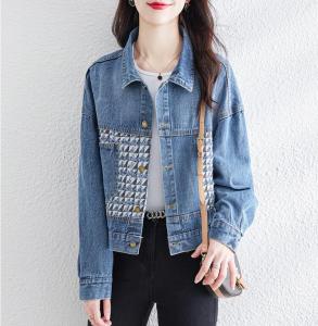 Jaket Denim Wanita Korea Kotak-kotak Jahitan Modis Mantel Ramping Pendek Atasan Kasual
