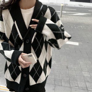 Retro Lazy Style Loose Rhombus Mid-length Sweater Outerwear Cardigan Womens Coat