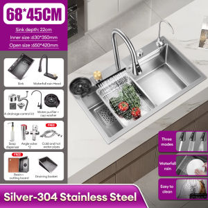 JOTO 304 Stainless Steel Kitchen Sink Double Waterfall Single Slot Integrated Digital Display Faucet Set Home Sink