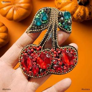 [COD] Abulaia Red Handmade Beaded Rhinestone Cherry Heart Patch For Clothing Bag DIY Decoration Applique Accessories