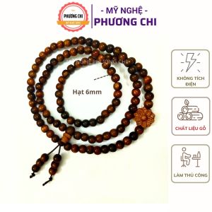 Vòng Tay 6ly Chuỗi Tràng 108 Hạt Gỗ Vân Mun Đuôi Công Mix Charm Hoa Sen | Mỹ Nghệ Phương Chi