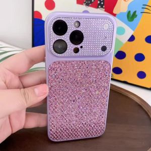 Sparkling Rhinestones Lens Camera Protection Phone Case For iPhone 17 16 15 14 13 Pro Max Large Window Shiny Grid Bumper Cover