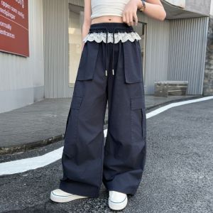 7-14 ขวบ กางเกงเด็ก กางเกงเด็กผู้หญิง ลูกไม้ลูกไม้ เอวสูง เอวยางยืด กระเป๋าหลาย 2025 ใหม่ 130-160cm