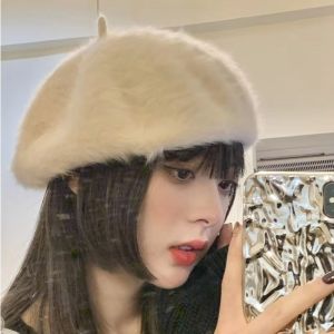 GINKG Solid Color Faux Mink Beret Furry Soft Pumpkin Painter Cap Luxury French Style Plush Octagonal Cap Women