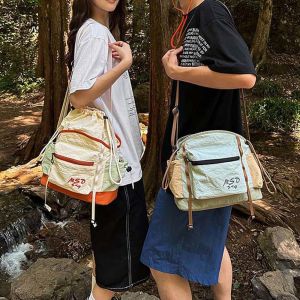 SUNYMEI Quick Drying Mountaineering Crossbody Bag Portable Embroidery Outdoor Nylon Shoulder Pouch Creative Lightweight Drawstring Bucket Cloth Bag Women