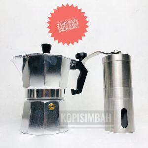 Paket Mokapot Dengan Grinder Manual Alat Seduh Pembuat Kopi Espresso Manual Brew MocaPot Espreso Coffee Maker