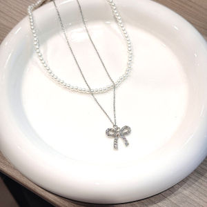 Corinna Sweet Necklace Double Layered Studded Diamond Pearl Bow Collarbone Chain Exquisite