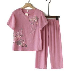 Cotton and Linen Floral Short-sleeved Suit for Womens Casual Round Neck T-shirt + Wide-leg Pants 2-piece Set Summer New Loose and Versatile Middle-aged and Elderly Pants Tops