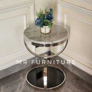 Meja Sudut Stainless Glossy Top Marmer Putih Carrara Dan Kaca Hitam