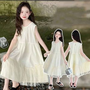 SEJUE4373 Loose Girls Sleeveless Dress Lace Mesh Pleated Children Princess Dress Fashion Teenagers Summer Kids Dresses Party