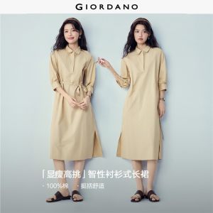 GIORDANO Women Dress Mid-Sleeve 100% Cotton Woven Tie Lapel Maxi Non-Stretch Casual Comfortable Stylish Dress 05466349