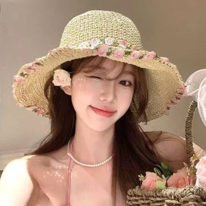 BAIXL Sunscreen Beachside Sun Hat Fishing Cap Wide Brim Flower Lafite Straw Hat Casual Boho Summer Beach Hat Climbing