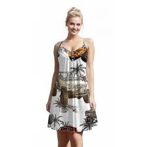 Jumeast Tractors Pattern Women Fashion Button Sling Dress Palm Tree 3D Printed Beach Elegant Skirt Tropical Hawaiian Casual Clothing