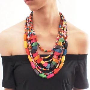 COOLSOOL Colorful Irregular Wooden Beaded Necklace Handmade Multi-Layer Choker Necklace Wooden Beads Beaded Wood Accessories for Women