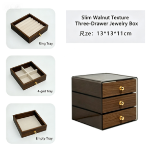 Retro Wood Pattern Jewelry Box with Drawer Portable Jewelry Storage Case Dustproof Jewelry Display Box