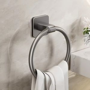 New Wall-Mounted Bathroom Towel Holder Round Space Aluminum Towel Ring Hook Rotatable Self Adhesive Towel Hanger Storage Holder h260612