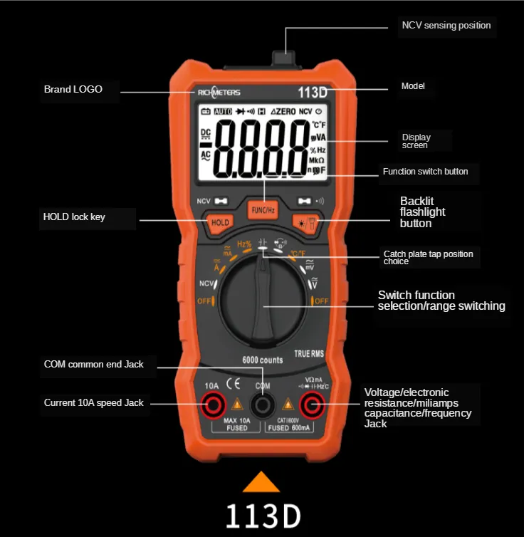 113D เครื่องวัดแสงสีส้มมัลติมิเตอร์113 NCV มัลติมิเตอร์แบบดิจิตอล