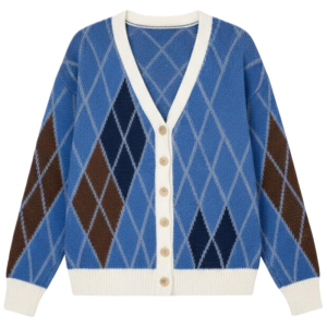 เสื้อคลุมไหมพรมแขนยาว แต่งลวดลายกราฟฟิกสลับสี แนวสาวเกาหลีเก๋ๆ รุ่นติดกระดุมดีไซน์ลวดลายกระดุม กันหนาวได้ดี