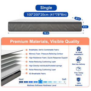 ILUOLAI 7.8 Inch Cooling Memory Foam Spring Latex Mattress Queen/King Size Orthopedic Support Medium Firmness Soft Comfortable Pressure Relief 2 Person Bed Foam For Bed