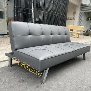 Sofa giường sofa bed thông minh bọc da cao cấp màu xám khung gỗ tự nhiên - Chân kim loại sáng bóng