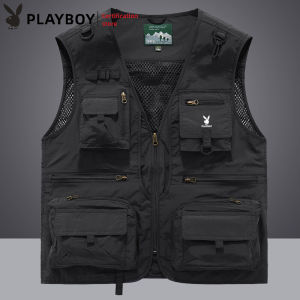 PLAYBOY Mens Vest Spring and Autumn New Mesh Quick Drying Casual Outdoor Multi bag Fishing Photography Vest