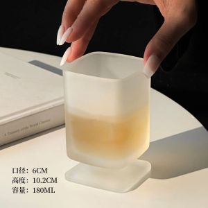 Sacesr Ins Style Frosted Square Glass Cup Tall Footed Glass Mug Juice Cup Coffee Milk Juice Household Water Cup Espresso Shot Glasses P7Q2M