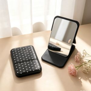 NAELIN Mini Gương trang điểm Họa tiết chấm bi. Có thể gấp lại. Gương bỏ túi Di động Da PU Gương trang điểm di động Sử dụng trên máy tính để bàn.