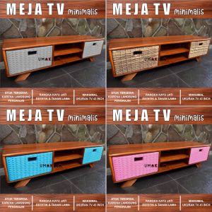 Meja TV 43 Inci Rangka Kayu Jati 5 Laci Rotan Sintetis Bufet Buffet Rak Lemari Ruang Tamu Minimalis