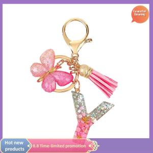 Graceful A-Z Dreamy Sequin Letters Keychain For Women Tassel Butterfly Pendant Initial Keyring Purse Suspension Bags Charms Car Key Chain