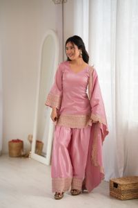[PRE ORDER : 10 DAYS] Bollywood Style Glass Roman Silk Embroidered Kurta with Farshi Shalwar & Dupatta Set | Festive Ready-to-Wear Ethnic Suit (304)