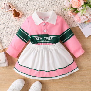 ชุดเดรสแขนยาวลายตัวอักษรสีบล็อกปกสไตล์ INS สำหรับเด็กทารกและเด็กหญิงวัยเตาะแตะฤดูใบไม้ผลิและฤดูใบไม้ร่วง【BabyBuddyShop】