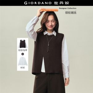 GIORDANO Women Sweaters 2-Piece Set Knit Vest Long Sleeve Shirts Crewneck Fashionable Casual Relaxed Knit Vests 18356730
