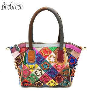 BeeGreen Women High Quality Colorful Handbag Genuine Leather Flower Patchwork Shoulder Bag Daily Casual Commuter Bag Versatile Multicolor Sling Bag