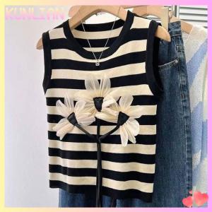 [KUNLIAN] Summer Fashion Chic Flower Knitted Vest Women Round Neck Sleeveless Striped Tank Top