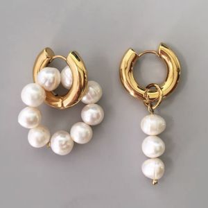 ต่างหูมุกแท้มูกน้ำจืดมูกธรรมชาติของตัวห่วงชุบทอง 14K ดีไซน์ เกาหลีสวยๆ