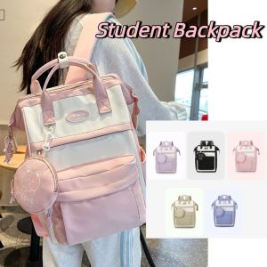 LANGJ ความจุขนาดใหญ่ กระเป๋านักเรียน ผ้าสีพื้น แบบสบายๆ กระเป๋าเป้เดินทาง แบบสบายๆ ป้องกันน้ำ กระเป๋าสะพายไนลอน สำหรับเด็ก