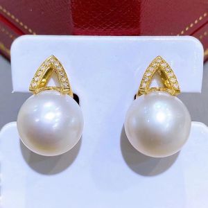 Montagne Jewelry 18K Pure Gold Earring Pyramid Design Fine Jewellery Natural 11-10mm Seawater White Pearl Flawless Pearl Earring Stud Earrings