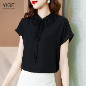 Áo Cánh Lụa Cổ Búp Bê YIGE Áo Cánh Nữ Tay Ngắn Màu Đen Nữ Áo Cánh Lụa Thời Trang Mới Phiên Bản Hàn Quốc