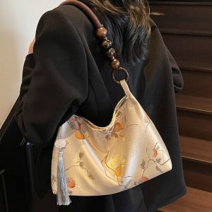 MOIRA พิมพ์ออกมาแล้ว กระเป๋าใต้วงแขนลายดอกไม้ จุได้มาก สไตล์จีนจีน กระเป๋าถือสไตล์จีนใหม่ หวานหวานแหววว ลูกปัดไม้ลูกปัด กระเป๋าสะพายไหล่ปักลาย สำหรับผู้หญิง