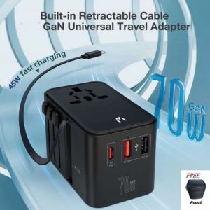 Mediatech Universal GaN Travel Adaptor MT-809 70W Fast Charging With Cable All Black - 630006AB