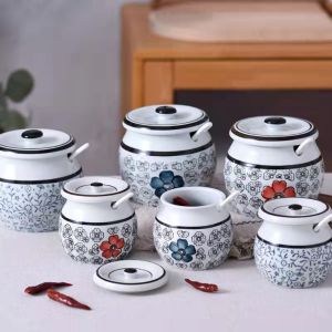 GIGBM Chinese Traditional Japanese-Style Ceramic Lard Jar High Temperature Resistant with Lid Ceramic Seasoning Bottle Kitchen Accessories with Spoon Spice Jars Salt