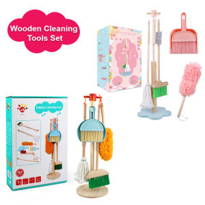 Wooden House Keeping Tools Cleaning Pretend Play Toys Set Mop Broom Playset Simulation Realistic Cleaning Toys