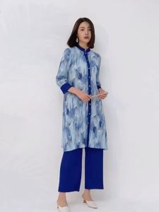 40606 Pleated Autumn Stand Collar Button Up Shirt And Straight Pants Two-Piece Set WomenS Printed Mid-Length Suit One Size (45-75kg)