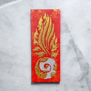 (ราคาต่อชิ้น) ภาพวาดติดผนัง ภาพวาดมงคล ดวงไฟ สีทอง สีเงิน บนพื้นแดง ภาพติดผนังสวยๆ ศิลปะบนผ้าใบ 20x50x3.5cm Hand-painted golden fire on red canvas