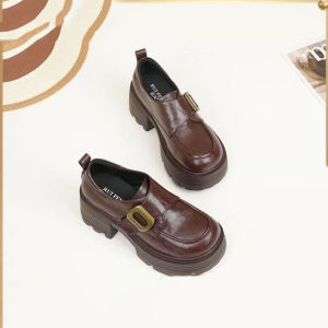 แฟชั่นรองเท้าโลฟเฟอร์หนาสำหรับผู้หญิง 2024 ฤดูใบไม้ร่วงใหม่รอบนิ้วเท้าส้นหนารองเท้าหนังขนาดเล็กVelcroรองเท้าส้นสูง