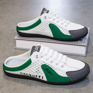 Mens Korean Fashion Half Slippers Summer Breathable Lace-up Shoes Comfortabke Mens Slip-on Shoes Lightweight Mesh Casual Shoes for Men