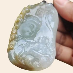 High Quality Yellow with Light Green Natural Type A Jadeite Jade crafted with Buddha and Monk as Pendant certificate weigh 54.87 grams measurement 71.6 * 35.6 * 9.5 mm (pendant262)