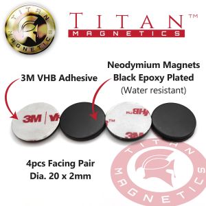 QuikDisc VHB – Disc Neodymium Magnets Black Epoxy Water Resistant with 3M VHB Adhesive Grade N35 20mm dia x 2mm 4pcs/pack
